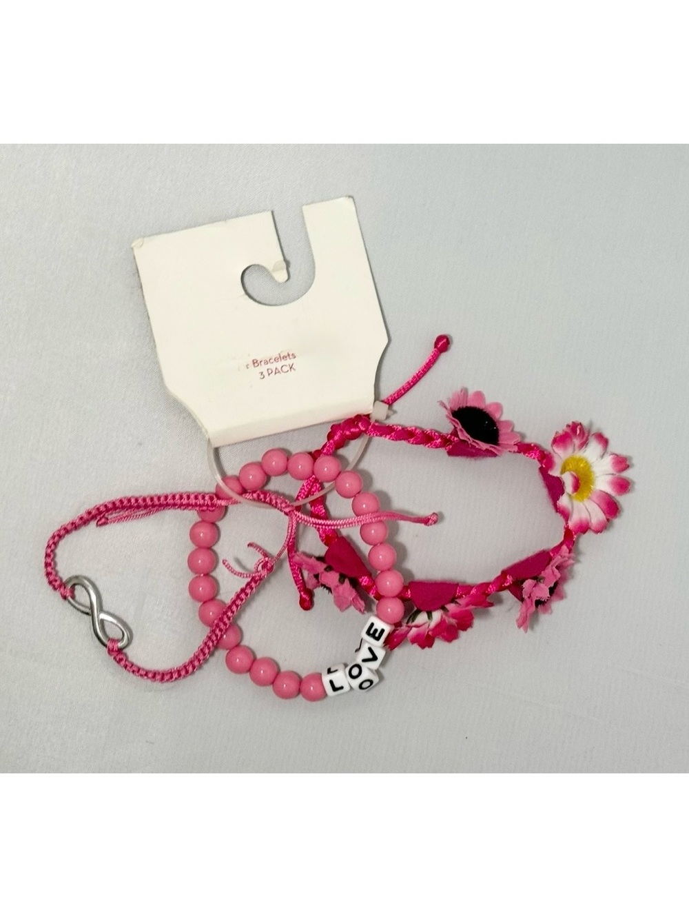 Set of 3 Bracelets Pink Floral, Bead with LOVE Charm & and Infinity Rope